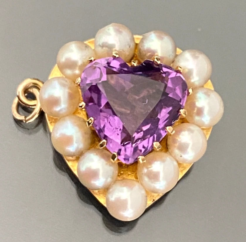 9CT Amethyst Pearl Heart shape Fishhook Clasp - Vintage Jewellery