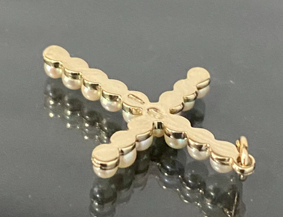 9K Yellow Gold and Pearl Cross Pendant 28.0mm High