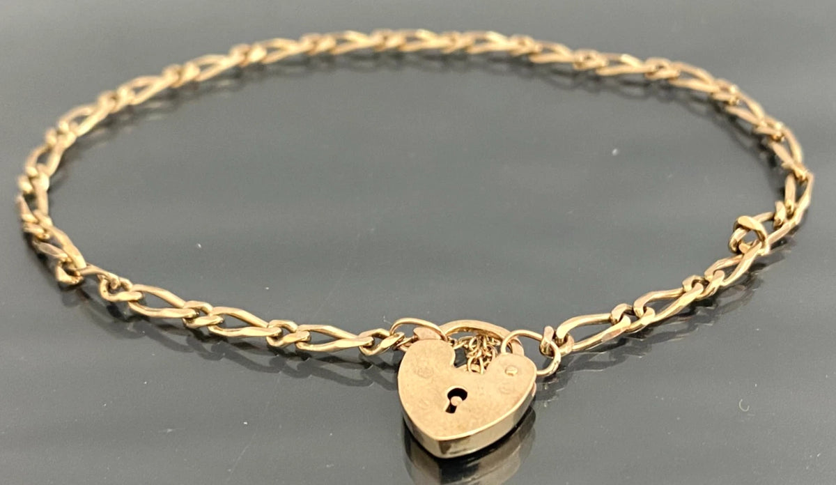 9K Yellow Gold Figaro Link Padlock Bracelet 18.0cm Long