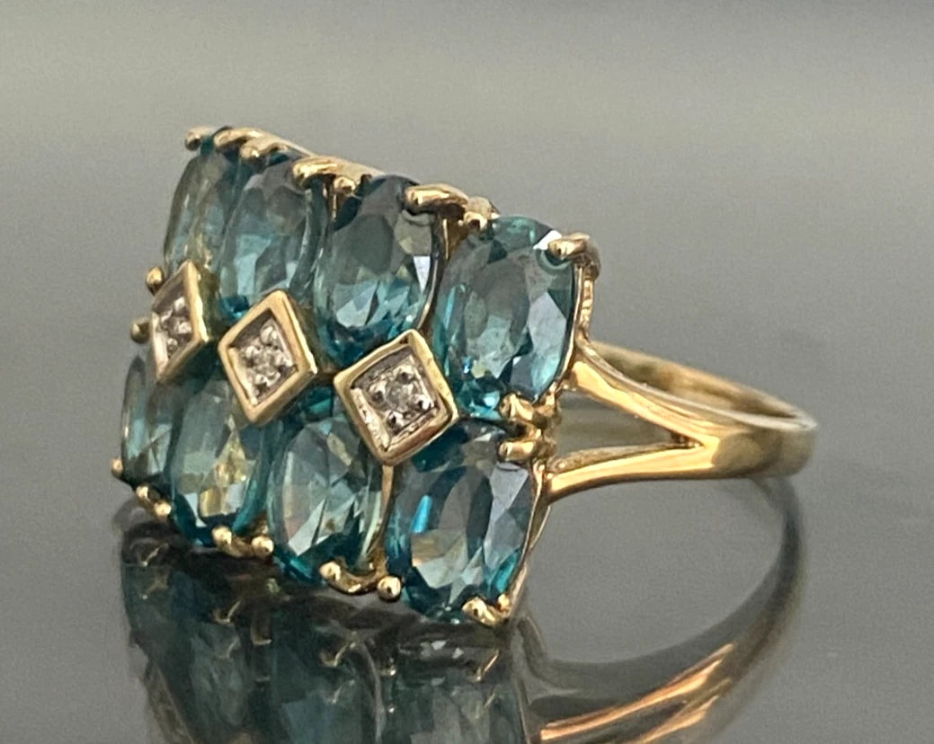 Ring File Measurement 9K Yellow Gold Natural Blue Zircon & Diamond Statement Ring Size L (US ...