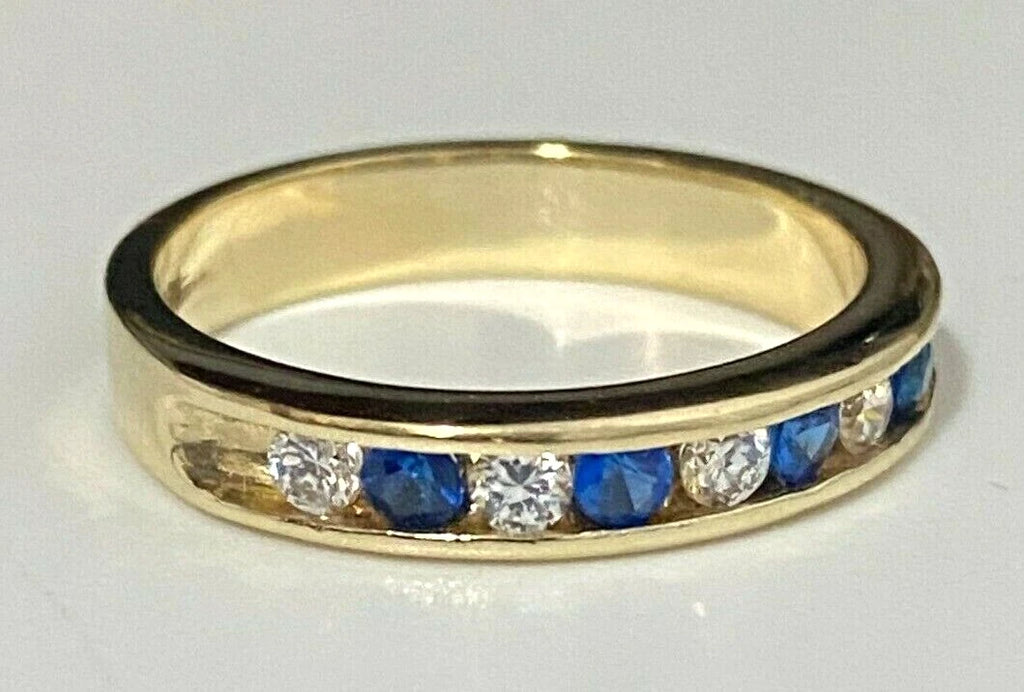 14K Yellow Gold W/ Blue & White CZ Channel Band Ring size M 1/2 - 6 1/4