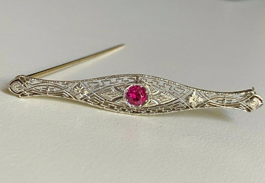 An Early 14K Gold & Ruby Filigree Brooch Pin 64.5mm