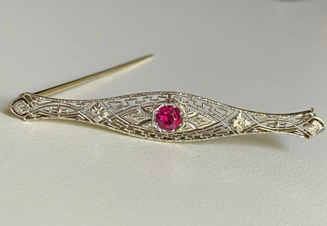 An Early 14K Gold & Ruby Filigree Brooch Pin 64.5mm