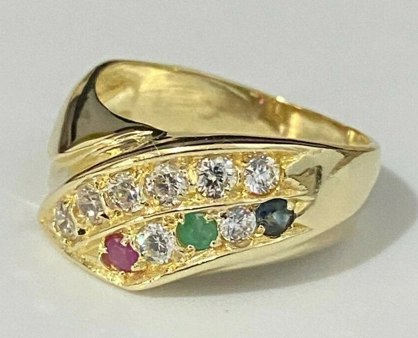 14K Yellow Gold W/ Ruby Sapphire Emerald & CZ Stone Dress Ring Size P - 7 1/2