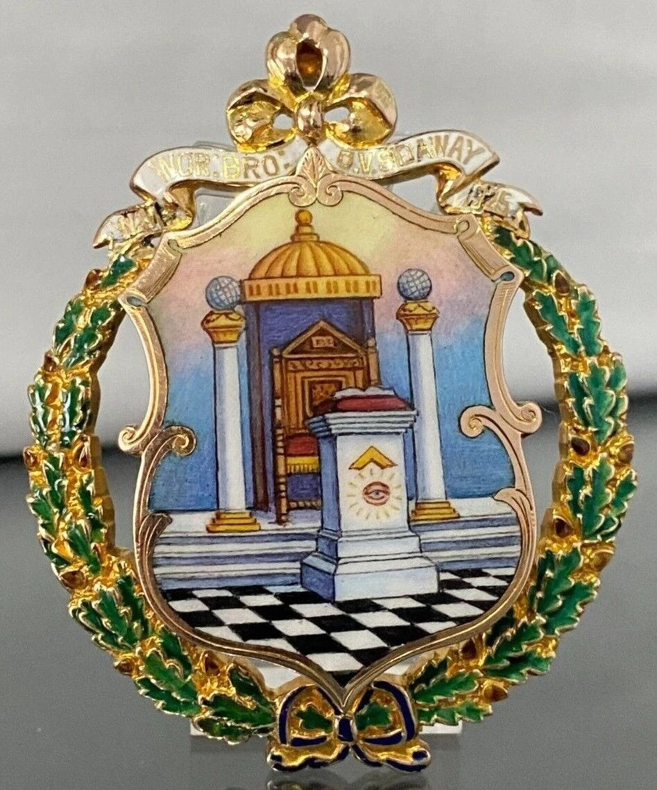 Rare Antique 9K Gold Hand Painted Shield Masonic Medallion Pendant C1925