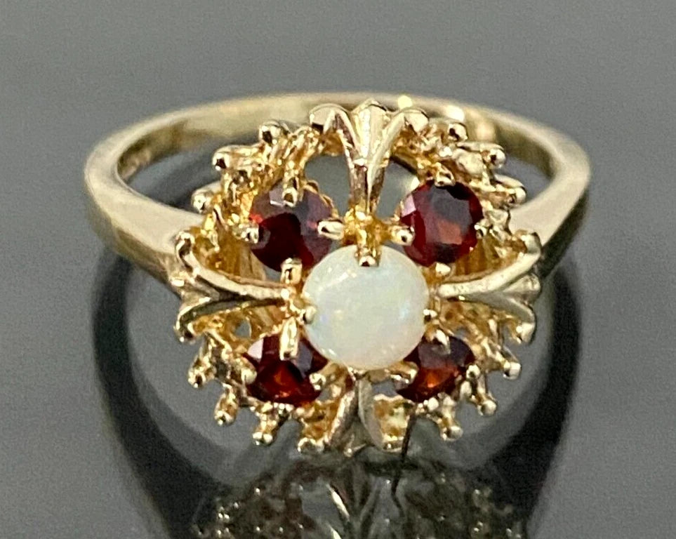 9K Yellow Gold W/ Opal & Garnet Ring Size M - 6
