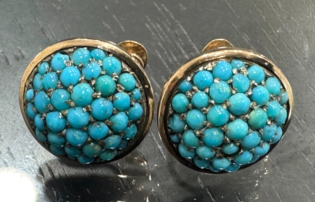 Art Nouveau 14K Yellow Gold & Turquoise Screw Back pavé Dome Earrings 16.0mm