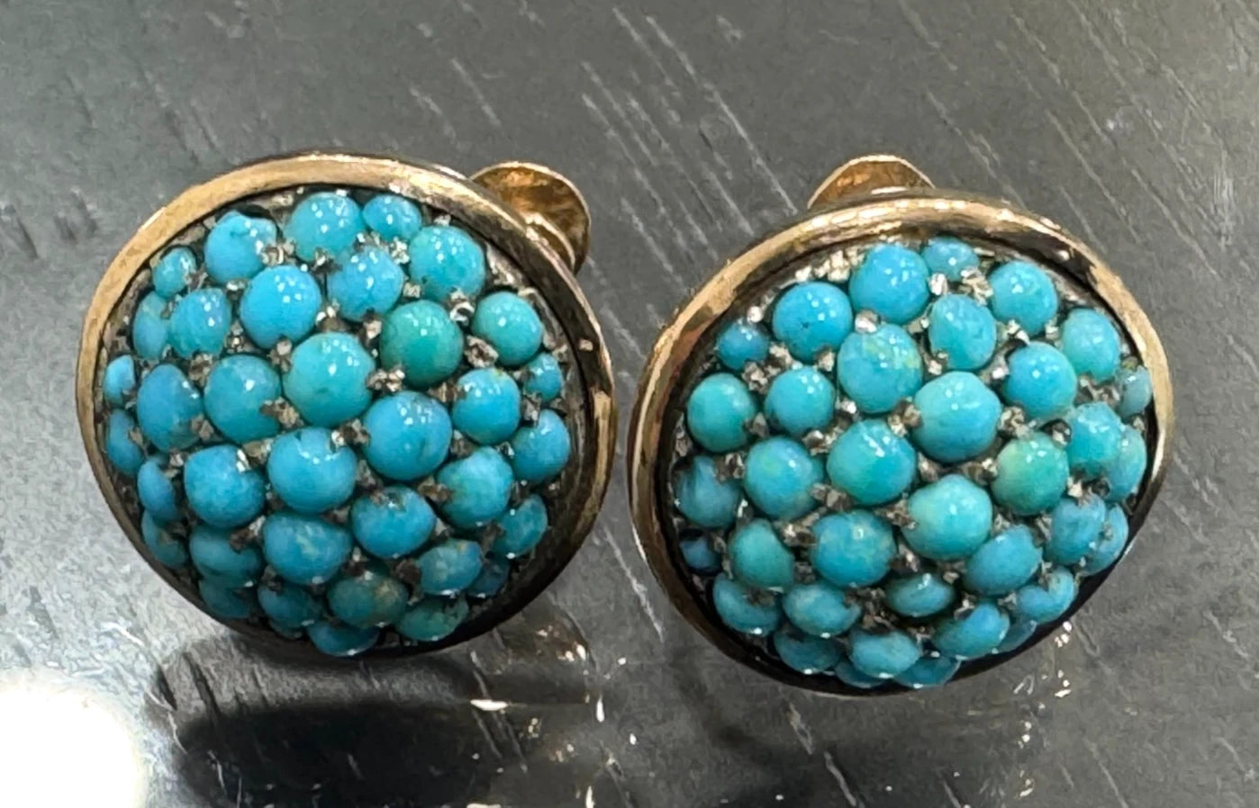 Art Nouveau 14K Yellow Gold & Turquoise Screw Back pavé Dome Earrings 16.0mm