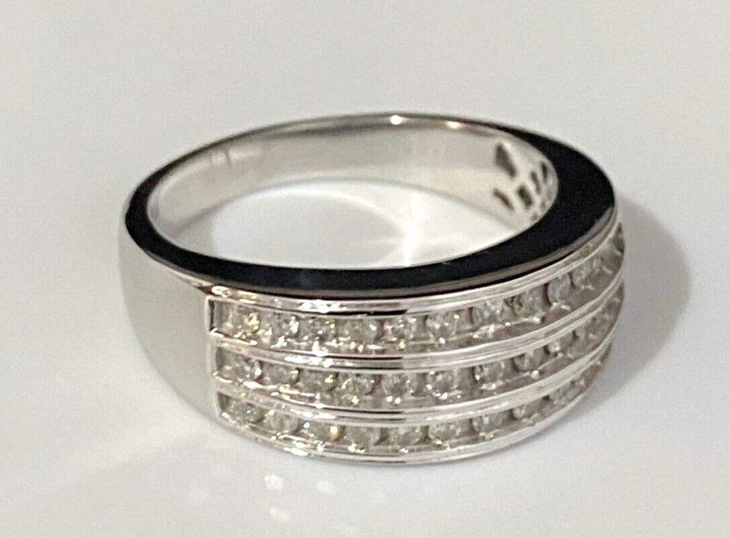 9K White Gold & 0.50CT Diamond Three Row Ring Size P - 7 1/2