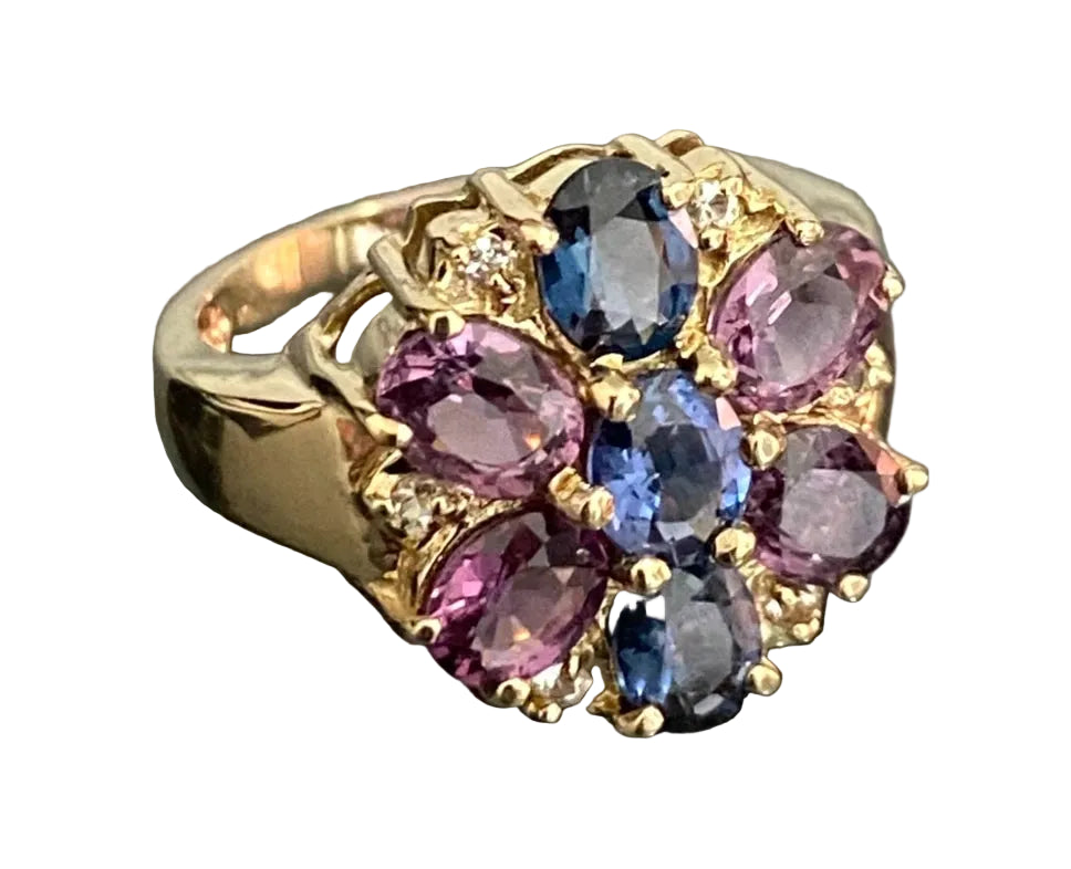 9K Yellow Gold W/Pink & Blue Spinel Gemstone Cluster Ring Size K (US 5.25)