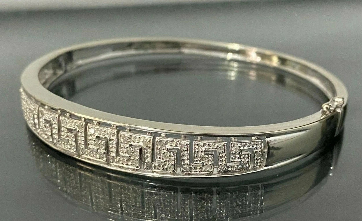 9K White Gold & 0.25CT Diamond Greek Key Hinged Bangle 60mm