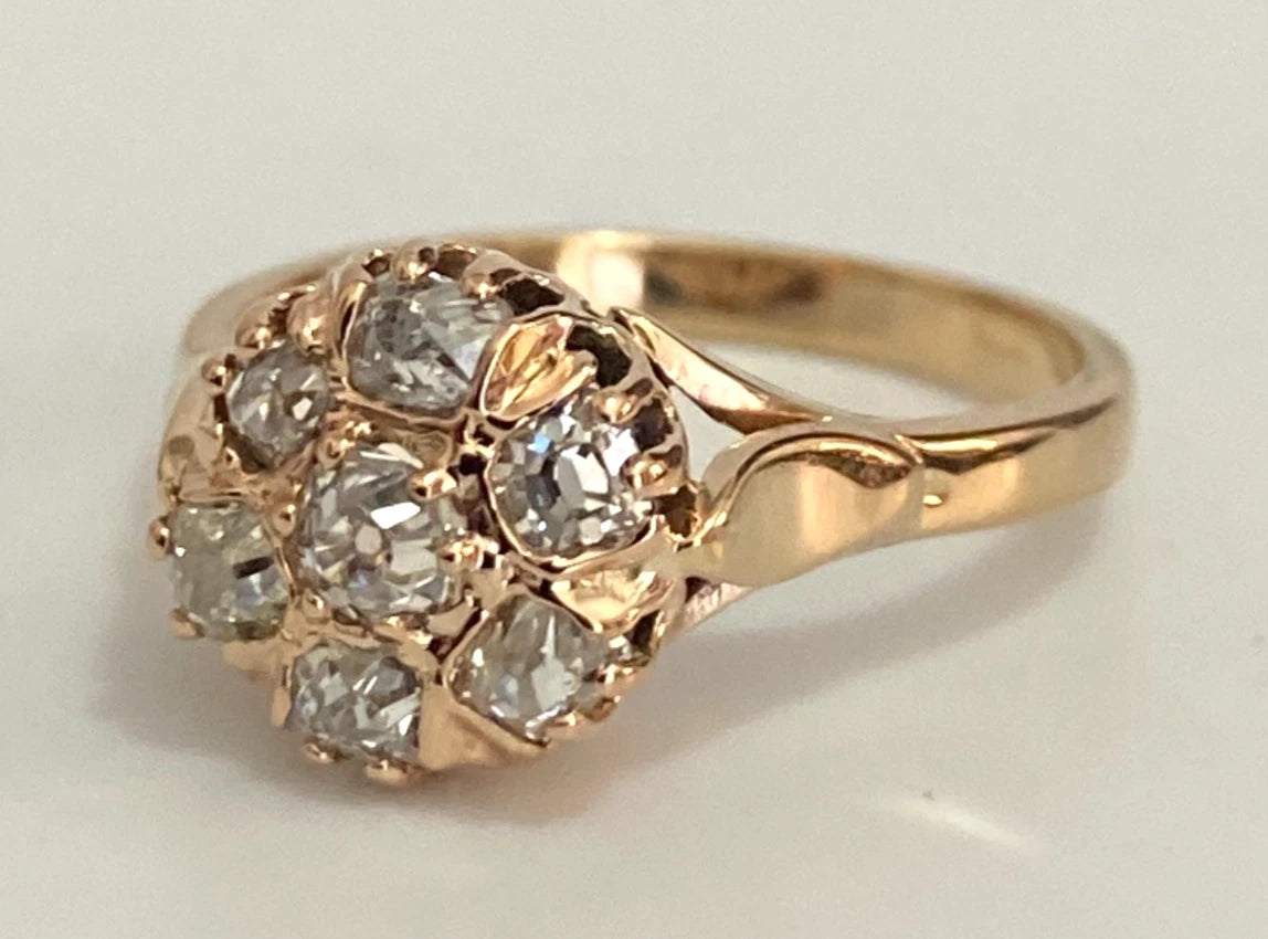 Antique 18K Yellow Gold & 0.70CT Old Mine Diamond Cluster Ring Size M (US 6.25)