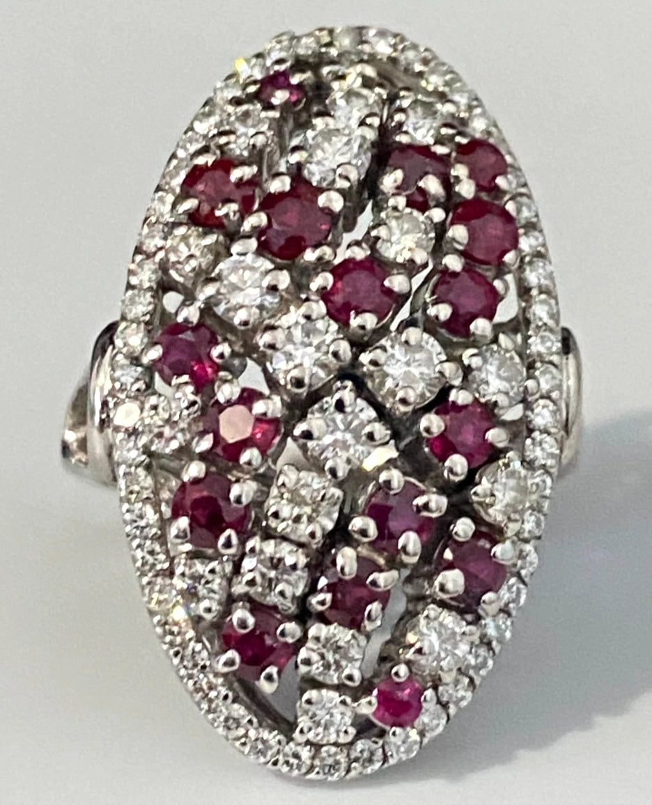 18K White Gold W/ Ruby & 1.0CT Diamond Cocktail Ring Size I - 4 1/2