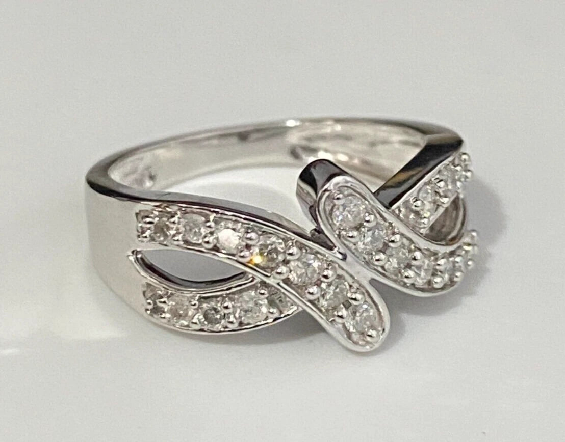 9K White Gold & 0.42CT Diamond Crossover Ring Size N 1/2 - 6 3/4