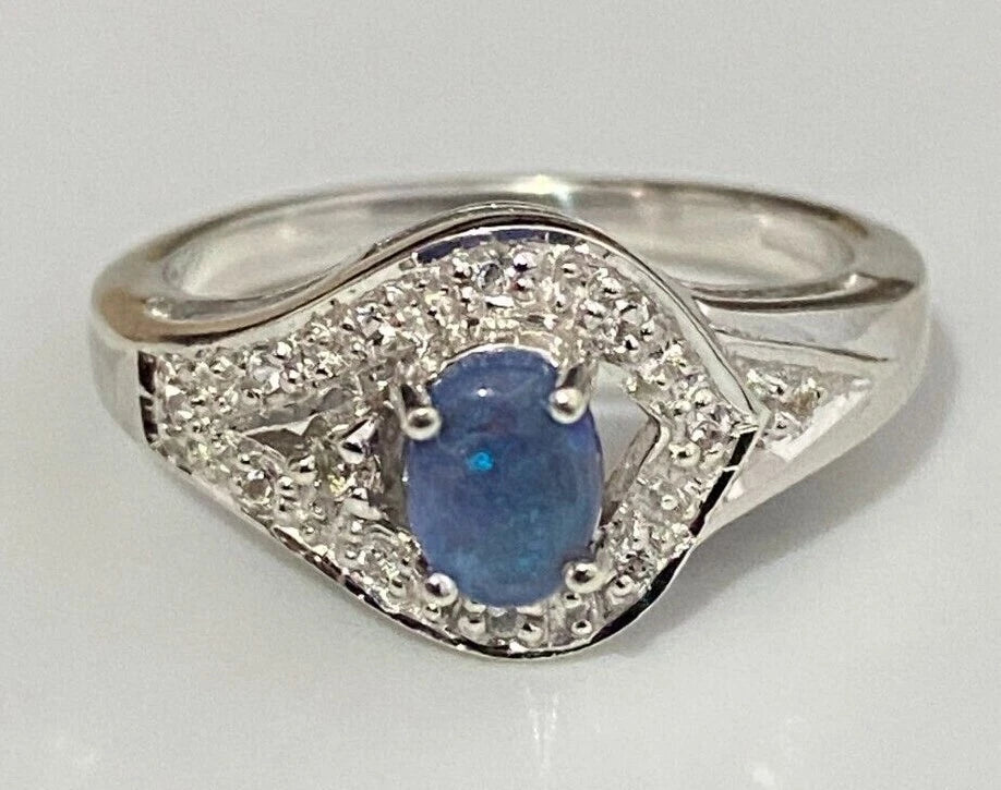 9K White Gold W/ Opal & White Zircon Ring Size N - 6 1/2