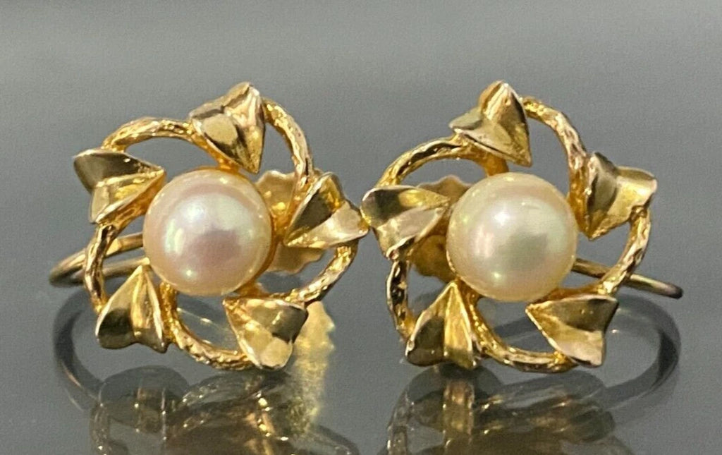 9K Yellow Gold & White Pearl Screw Back Earrings for Non-Pierced