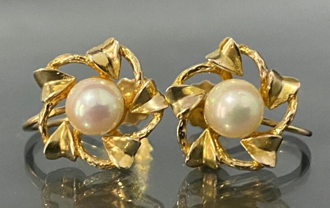 9K Yellow Gold & White Pearl Screw Back Earrings for Non-Pierced