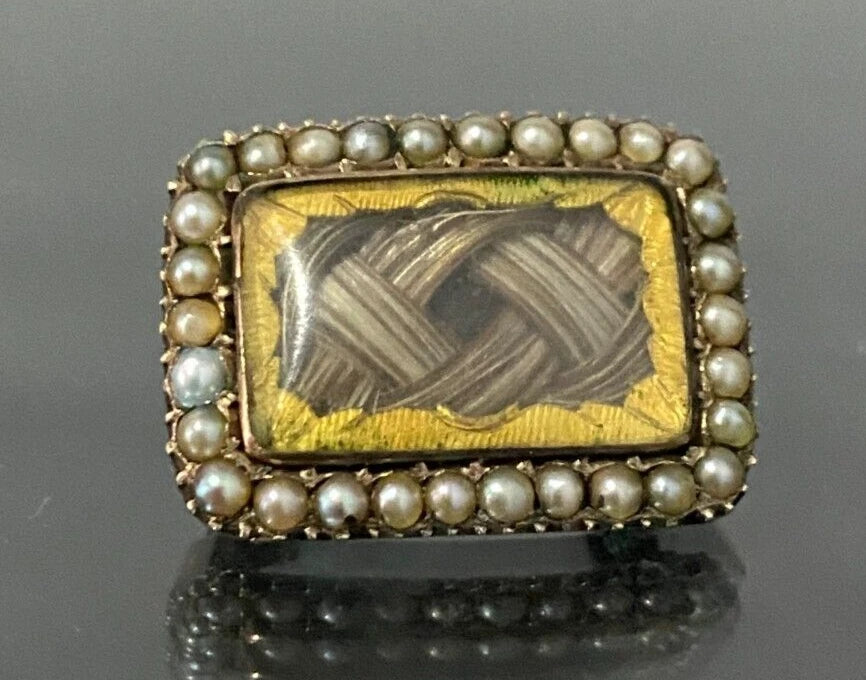 GEORGIAN 9K Gold W/ Pearl & Woven Hairwork Memorial Brooch