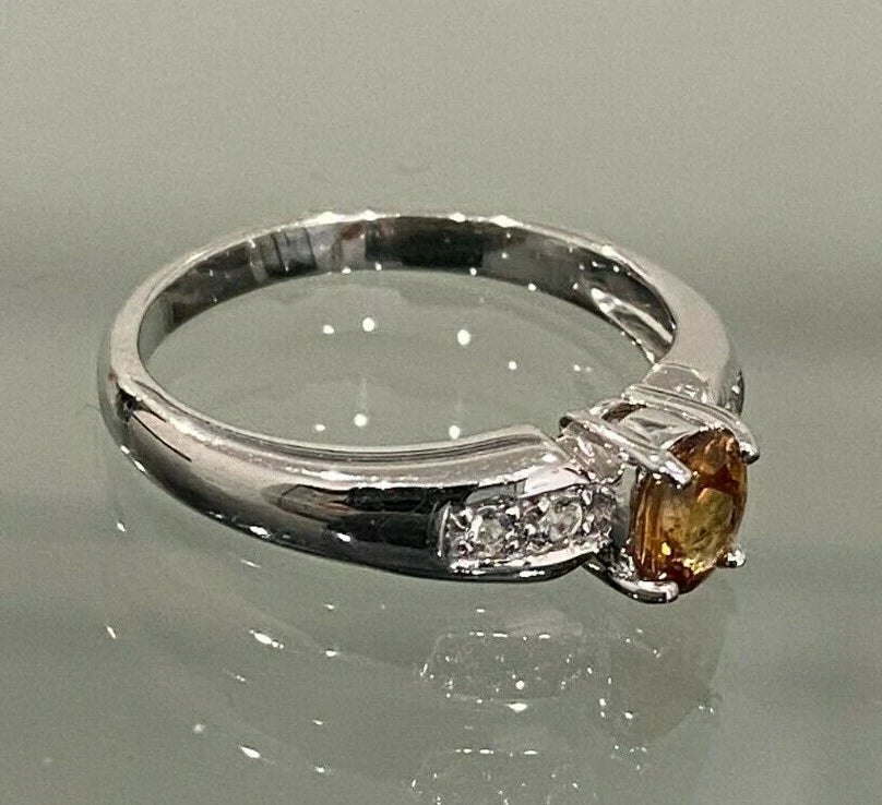 9K White Gold W/ Citrine & White Zircon Ring Size N 1/2 - 6 3/4