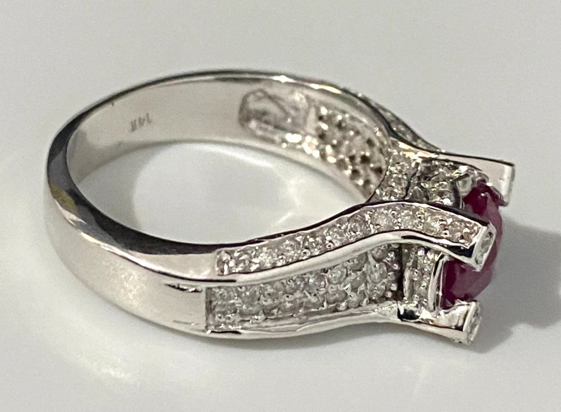 14K White Gold W/ Ruby & 0.70CT Diamond Ring Size P - 7 3/4