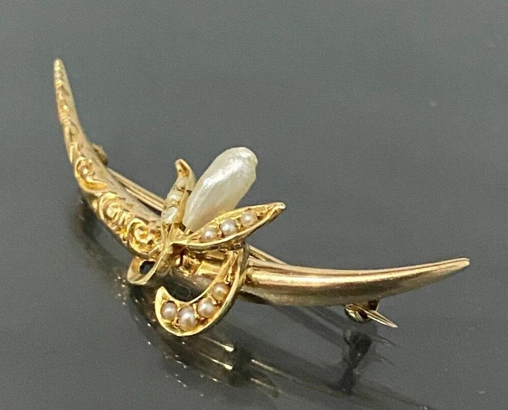 Antique 14K Yellow Gold & Pearl Flower Crescent Brooch Pin