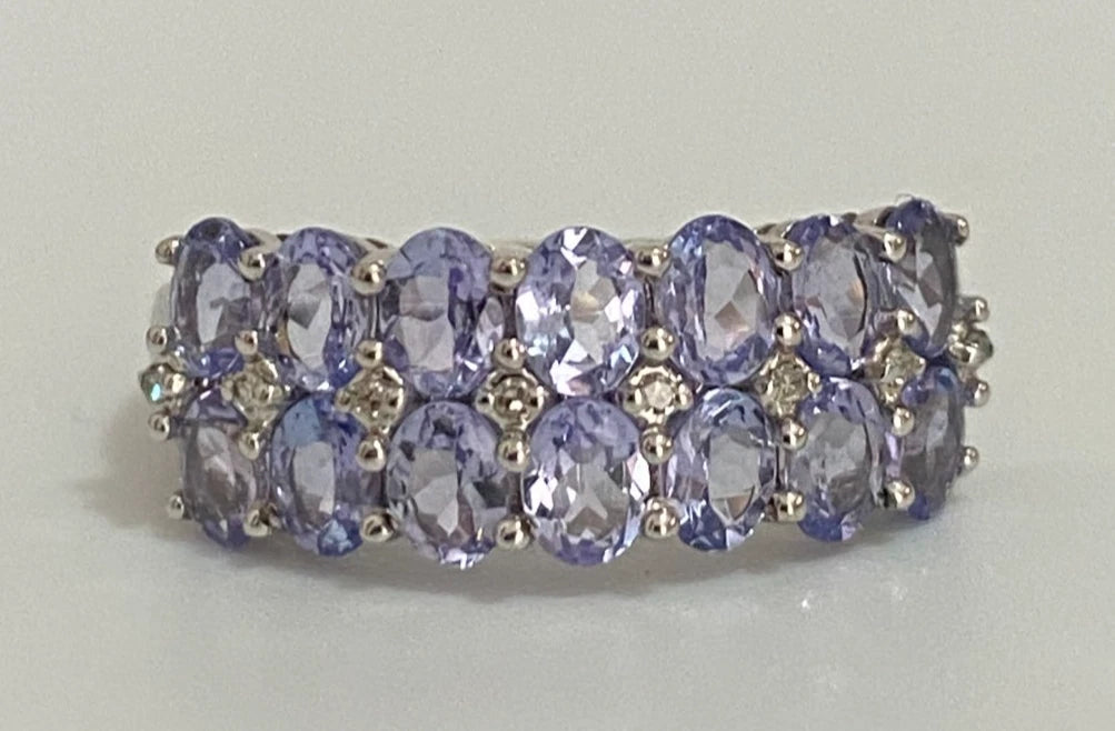 9K White Gold Tanzanite & Diamond Double Row Ring Size O (US 7.25)