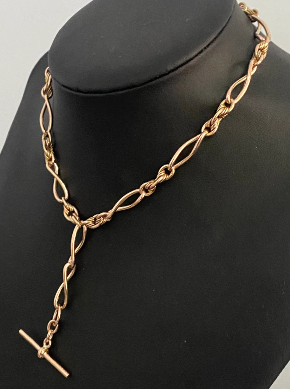Victorian 9K Rose Gold Infinity & Knot Link Albert Chain With T-Bar