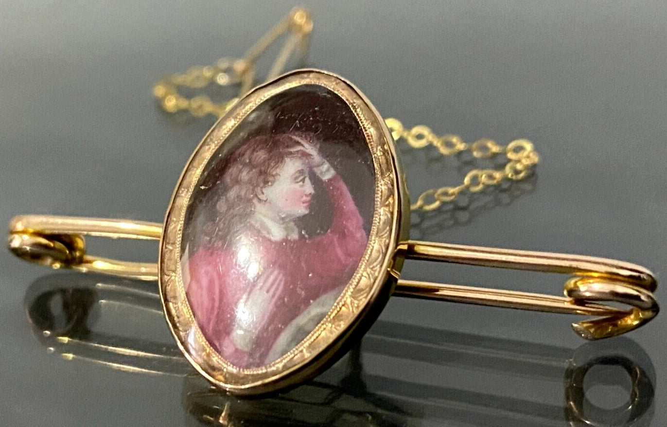 Art Nouveau 9K Yellow Gold Painted Miniature Brooch