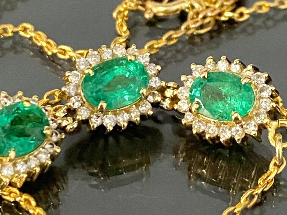 18K Yellow Gold 2.25CT Emerald & Diamond Three Cluster Necklace