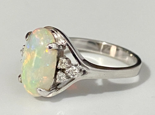 14K White Gold With Opal & Diamond Ring Size N - 6 3/4