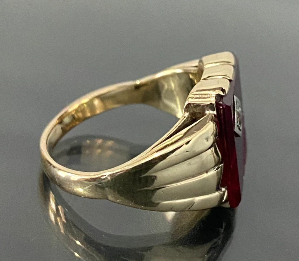 10K Yellow Gold W/ Synthetic Ruby & Stone Men's Signet Ring Size R - 8 7/8