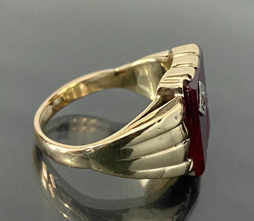 10K Yellow Gold W/ Synthetic Ruby & Stone Men's Signet Ring Size R - 8 7/8