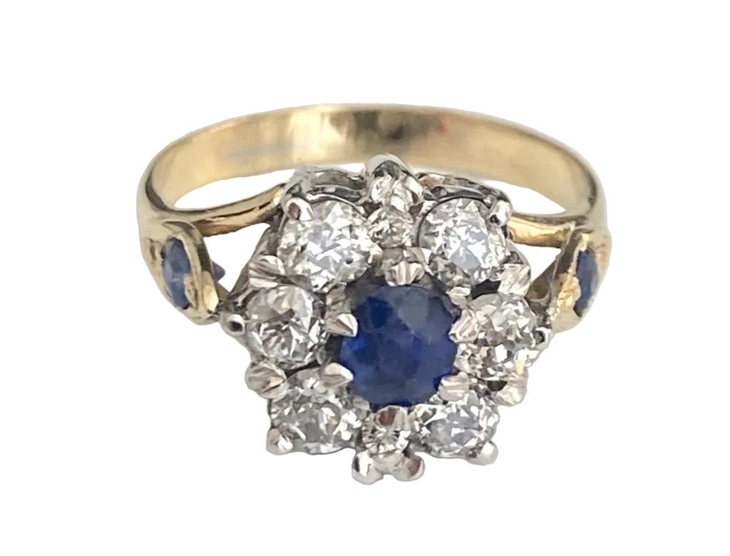 Vintage 18K Gold Sapphire & 0.90CT Old Cut Diamond Cluster Ring Size P (US 7.75)