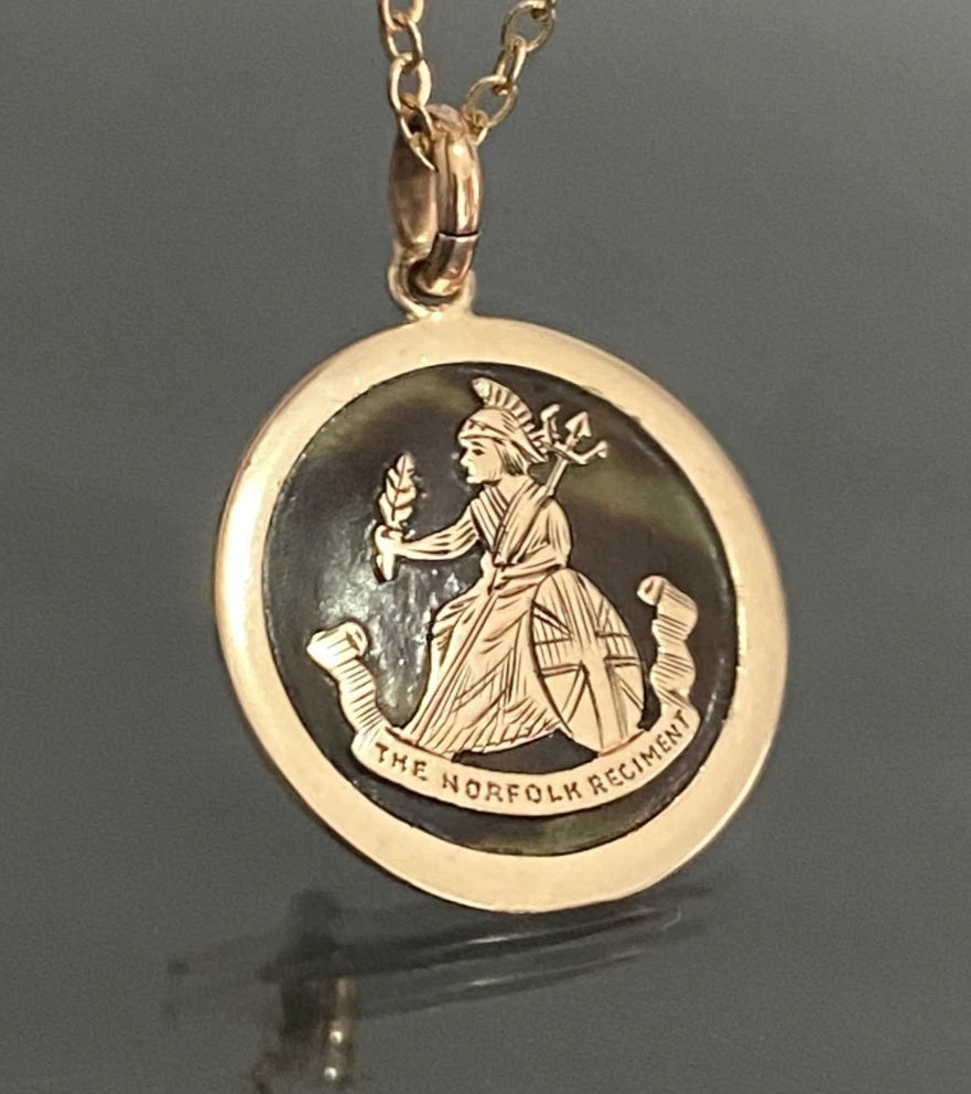 Antique WWI 9ct Rose Gold Norfolk Regiment Tortoiseshell Pendant – Circa 1914
