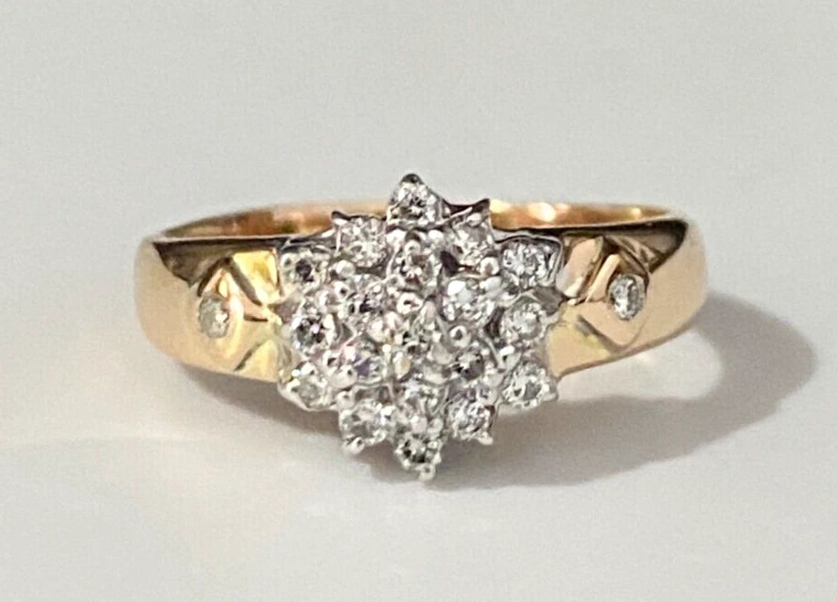 14K Yellow Gold & 0.25CT Diamond Cluster Ring Size L - 5 1/2