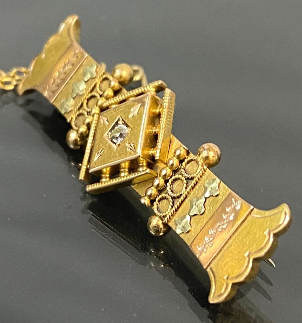 Victorian Australian 15K Yellow Gold Diamond Etruscan revival Bar Brooch 40mm