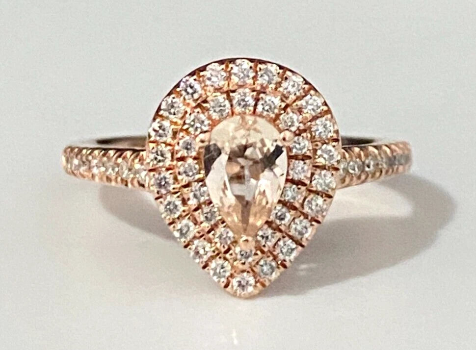 10K Rose Gold W/ Morganite & 0.25CT Diamond Halo Ring Size H 1/2 - 4