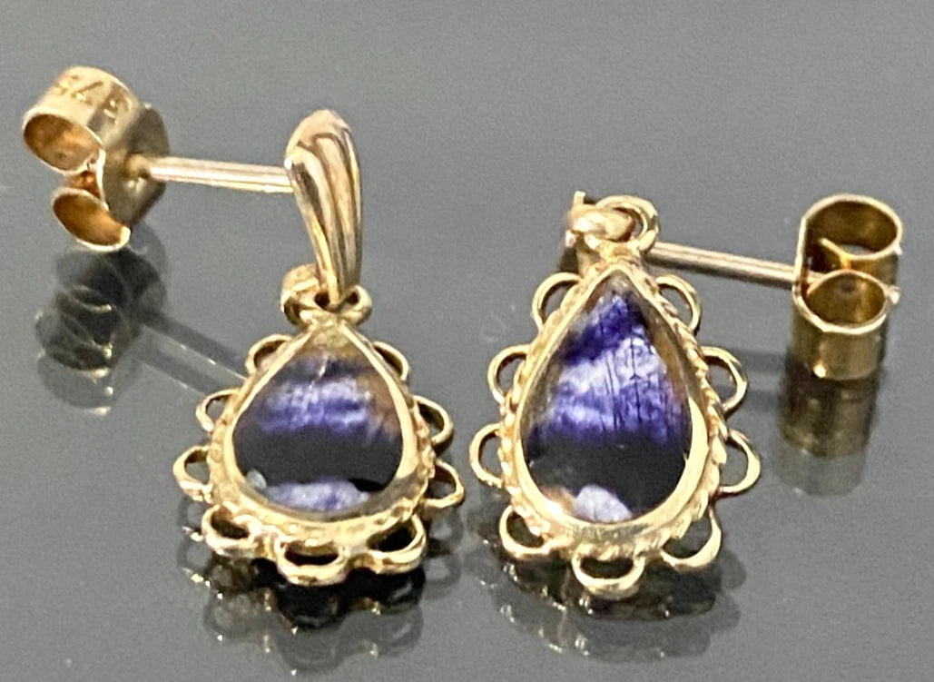 Vintage 9K Yellow Gold With Derbyshire Blue John Drop Earrings 19.0mm high