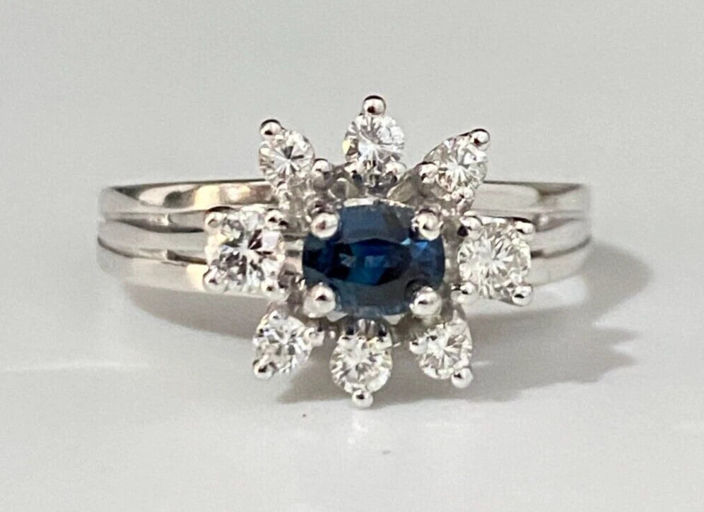 18K Gold W/ Sapphire & Diamond Cluster Engagement Ring Size N 1/2 - 6 3/4