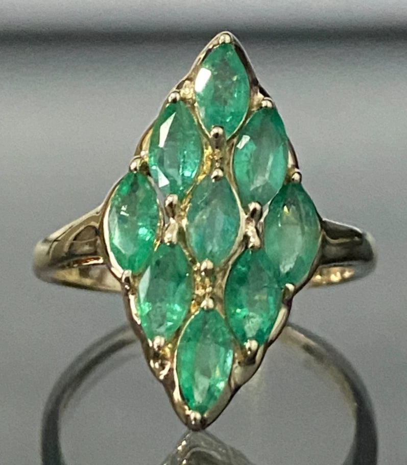 9K Yellow Gold & 1.10CT Marquise Emerald Cluster Ring Size Q - 8 1/4