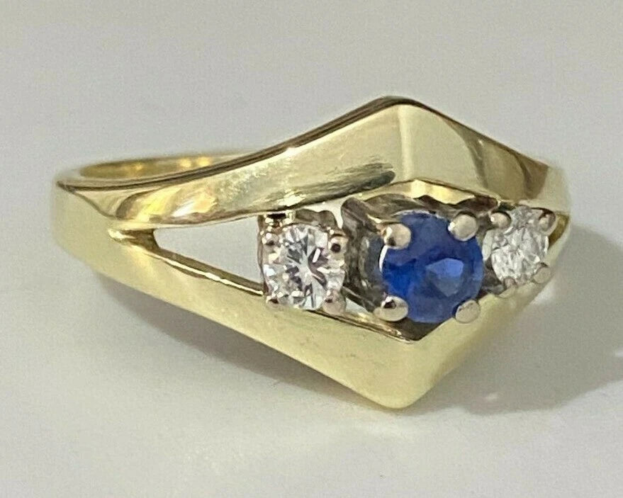 14K Yellow Gold W/ 0.20CT Diamond & Sapphire Ring Size N 1/2 - 6 3/4
