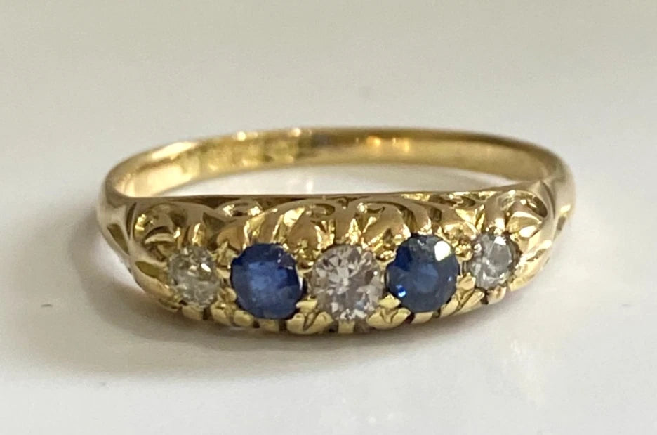Antique 18K Yellow Gold W/ Sapphire & Diamond Ring C1915 Size Q 1/2 (US 8.5)