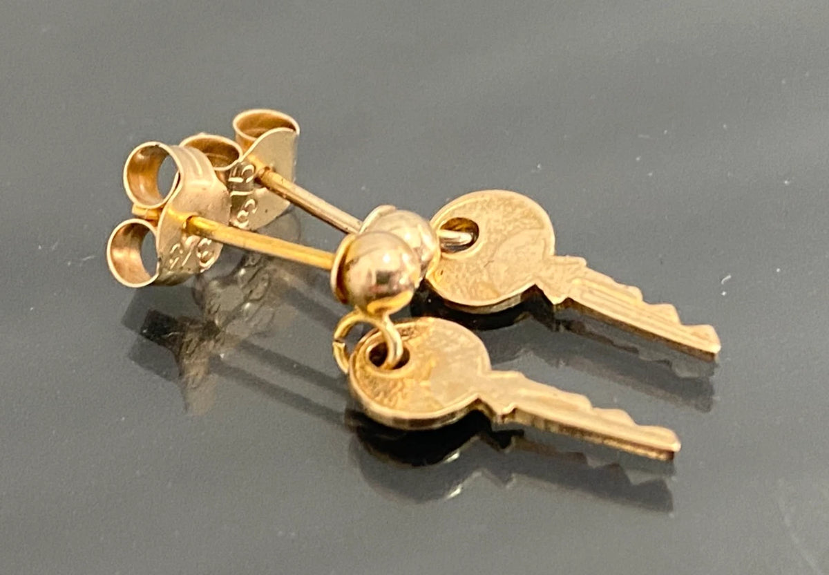 9K Yellow Gold Key Drop Stud Earrings