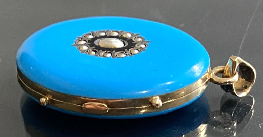 Victorian 9K Yellow Gold Pearl & Blue Enamel Photo Locket Pendant 32mm High