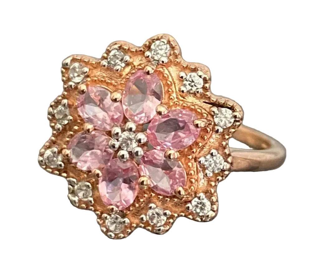 9ct Rose Gold Spinel & Natural White Zircon Floral Cluster Ring Size L (US 5.75)