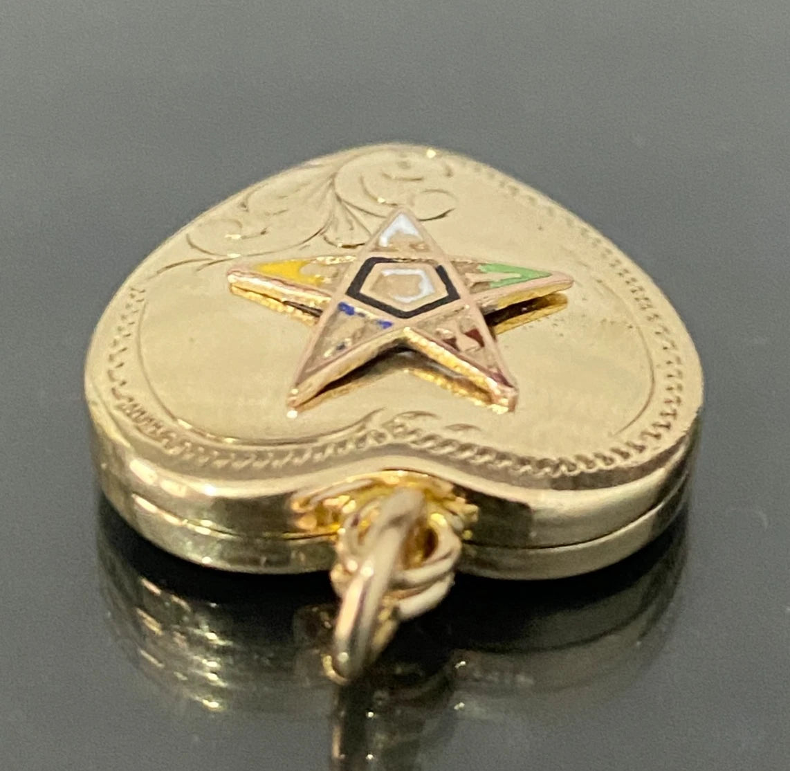 Antique 9K Yellow Gold Eastern Star Heart Locket Pendant