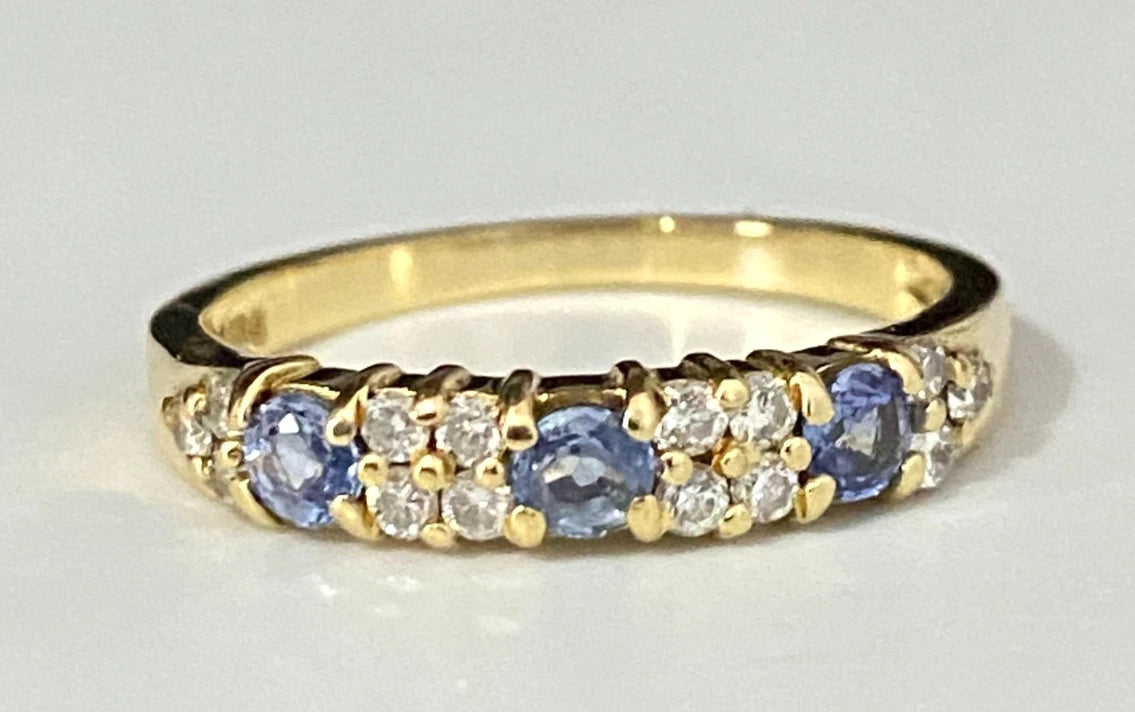 18K Yellow Gold W/ Sapphire & Diamond Band Ring Size L 1/2 - 6