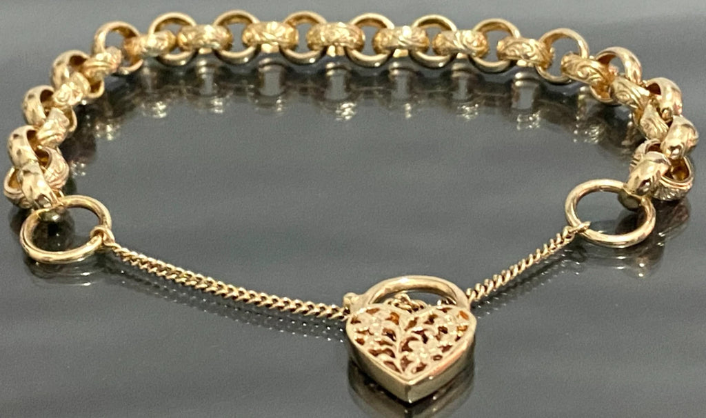 9K Yellow Gold Belcher Link Filigree Heart Padlock Bracelet