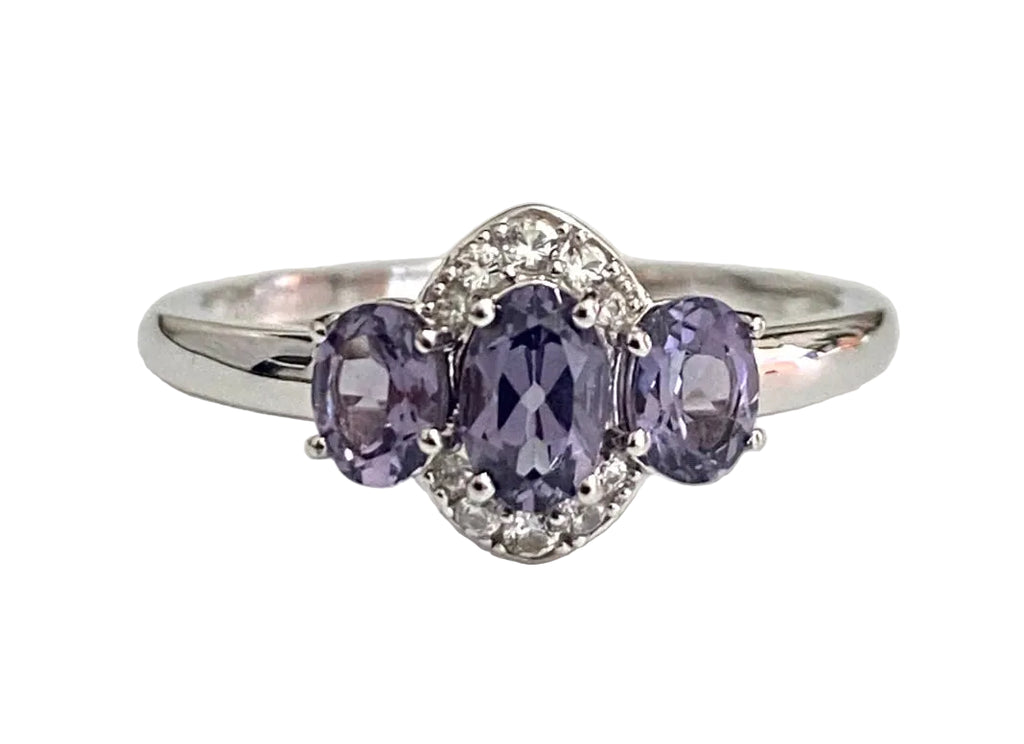10K White Gold W/ Spinel & Natural Zircon Three Stone Ring - Size R (US 8.75)