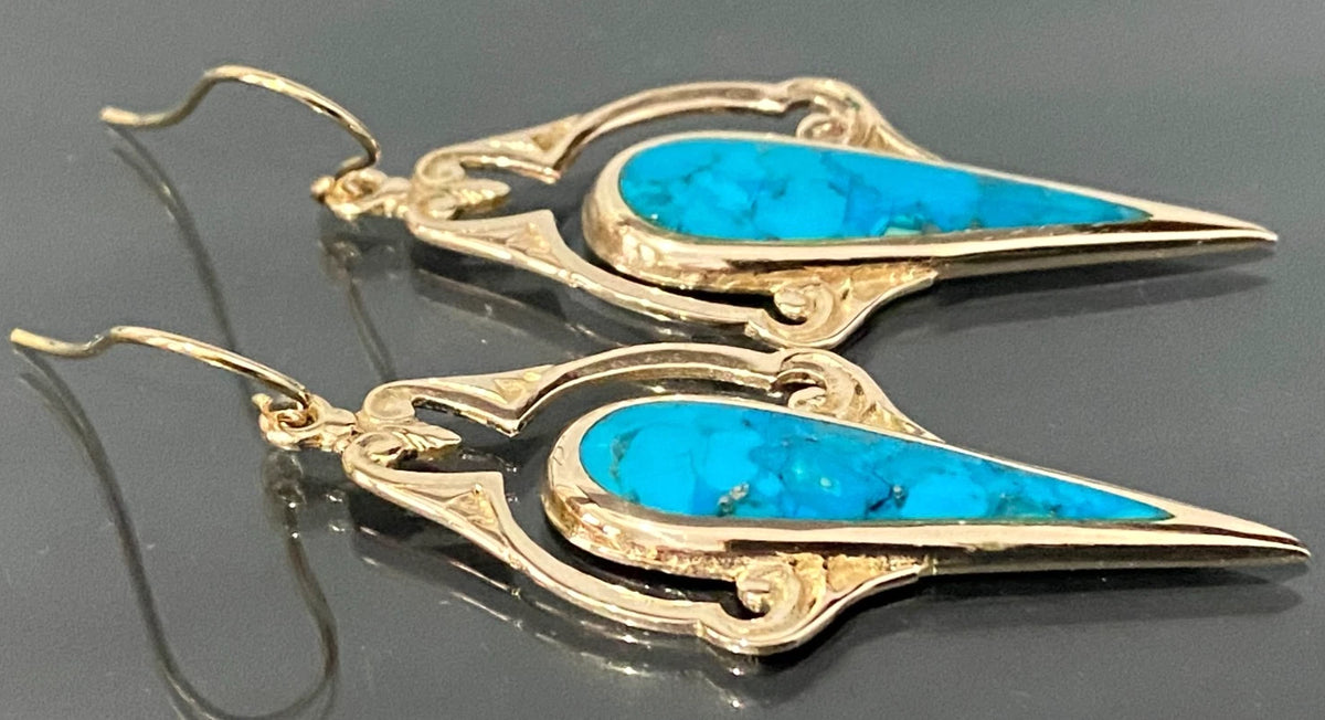Vintage 9K Yellow Gold & Turquoise Drop Earrings 55mm High